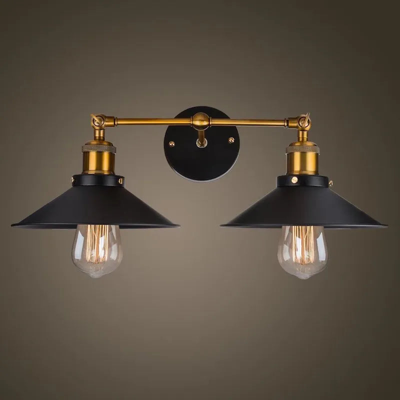 Black industrial dual head wall lamp with retro iron craft design and Edison bulb compatibility