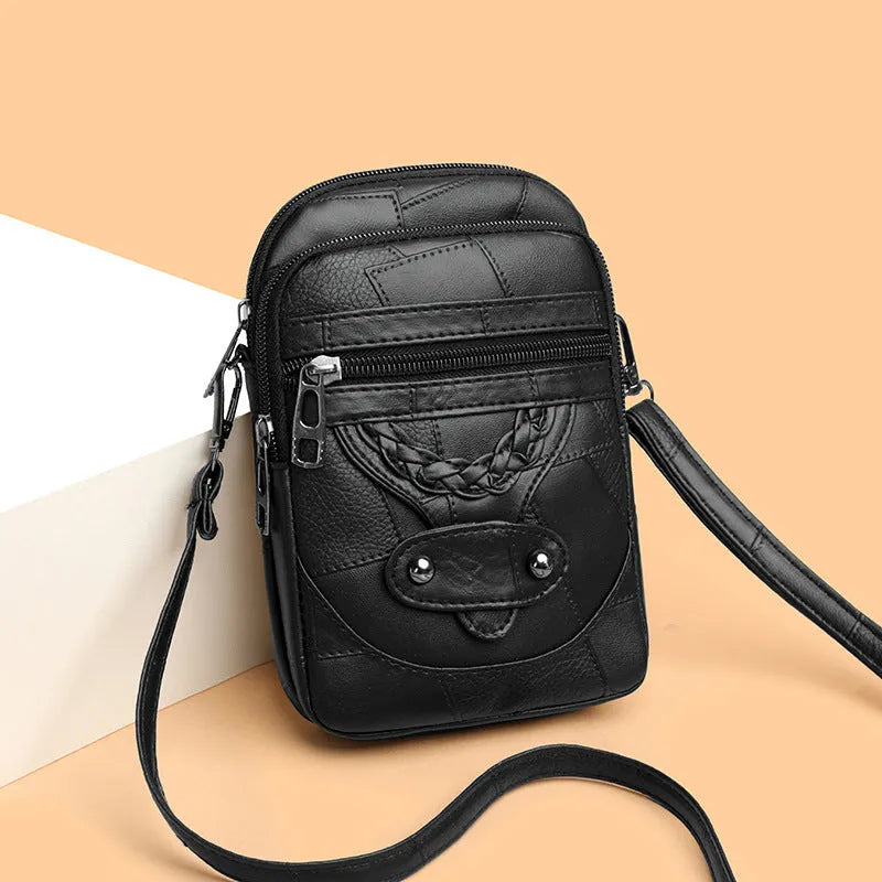Soft PU leather mobile phone bag in brown with square vertical shape, weaving, rivets, and sandwich pocket