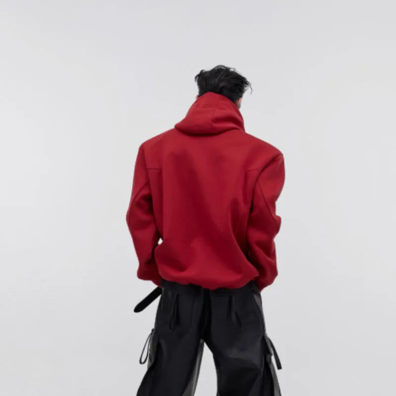 Men's loose-fit hooded sweatshirt with three-dimensional printing in red, black, and grey.