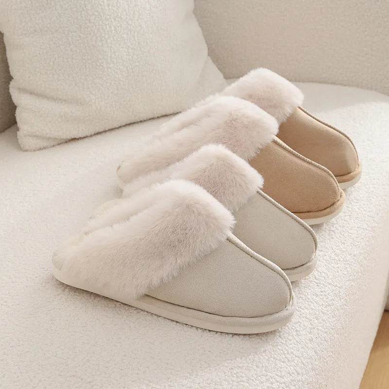 Women's round-toe plush slippers in multiple colours with a non-slip PVC sole.