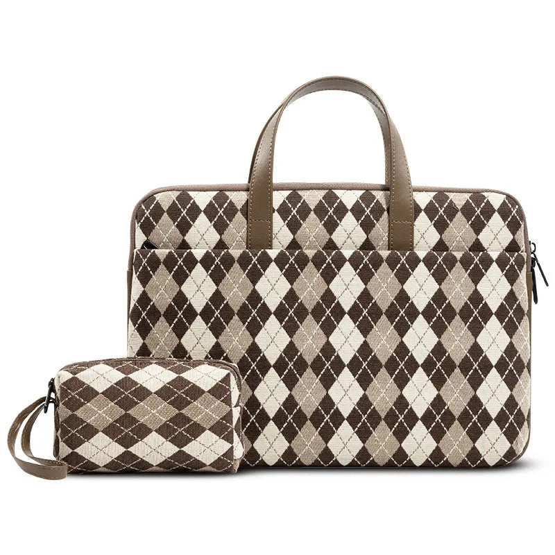 Protective padded laptop sleeve with airbag lining, zip closure, and leather carry loop, Diamond Apricot colour