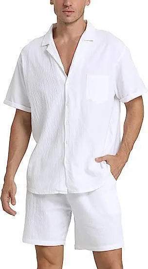 Men's flax summer sports shorts suit with short-sleeved top and matching athletic shorts