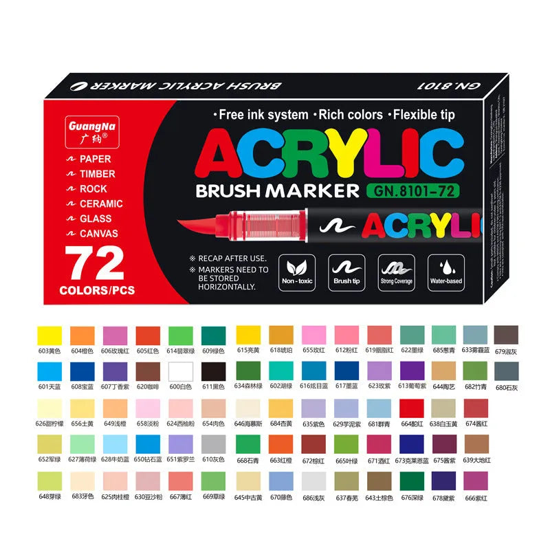 Set of straight liquid acrylic marker pens with soft heads in multiple colours for art and graffiti.