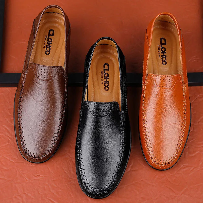 Men's brown leather business casual shoes with round toe and flat heel design