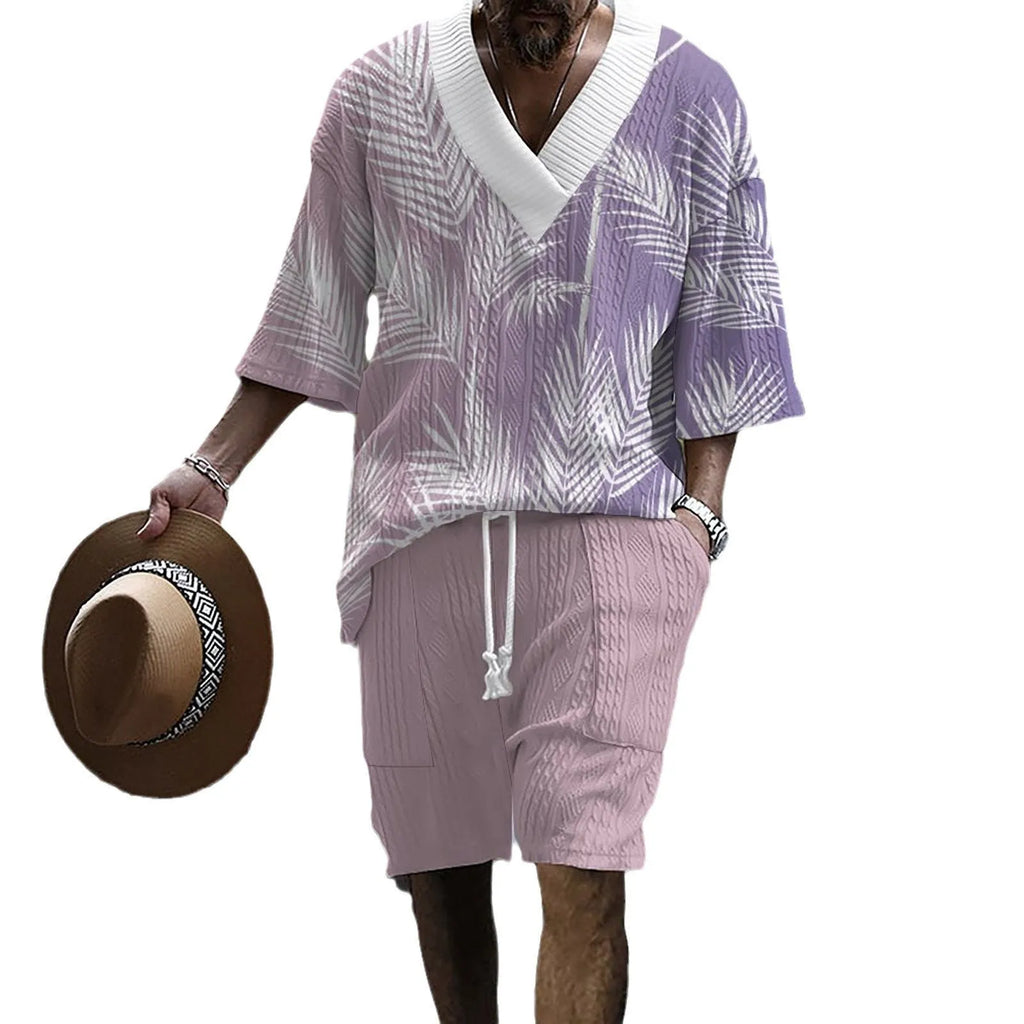 Men's printed drop-shoulder knitted short-sleeve top with matching shorts, a casual suit set.