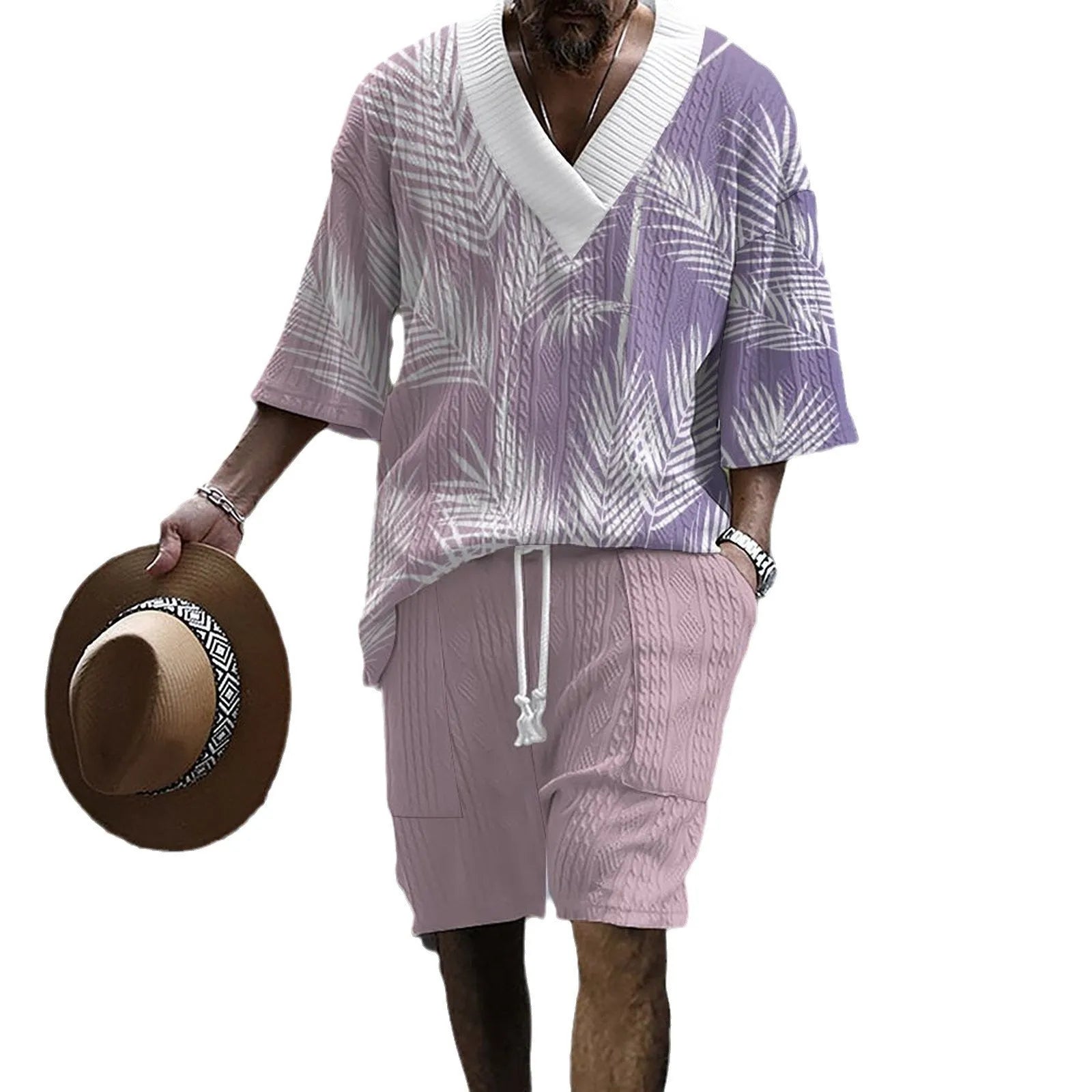 Men's printed drop-shoulder knitted short-sleeve top with matching shorts, a casual suit set.