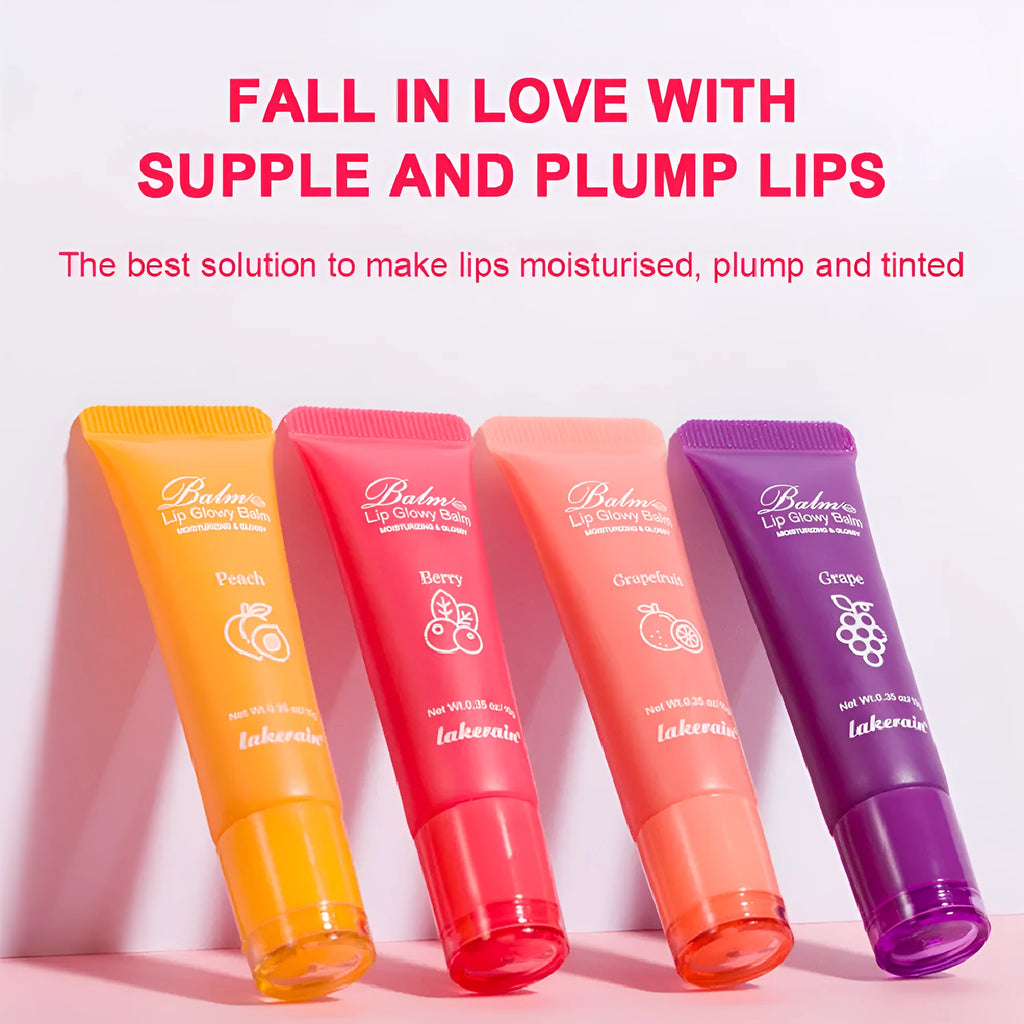 Women's lip gloss with four flavour options: berry, grape, grapefruit, and yellow peach