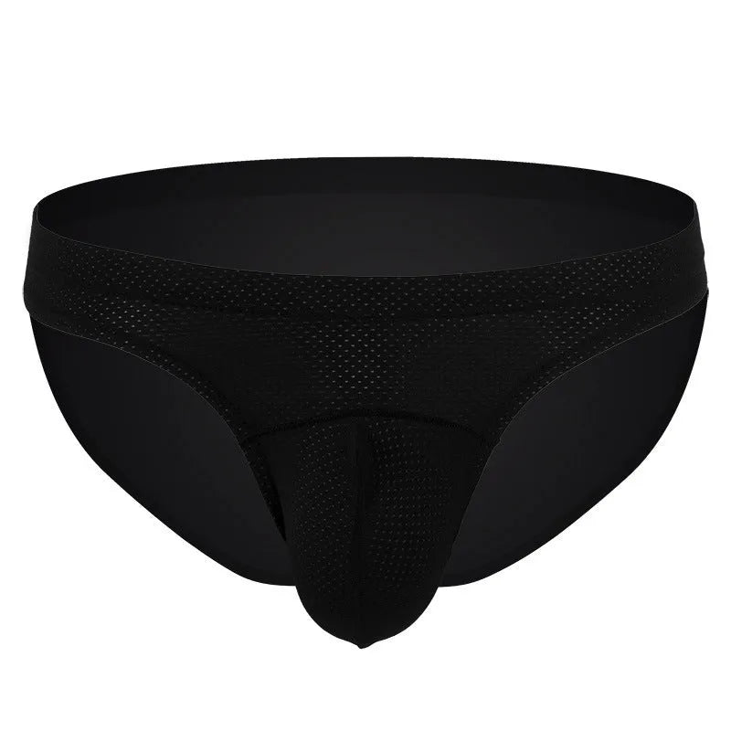 Men's transparent loose nylon underwear in blue, shown on a size chart.