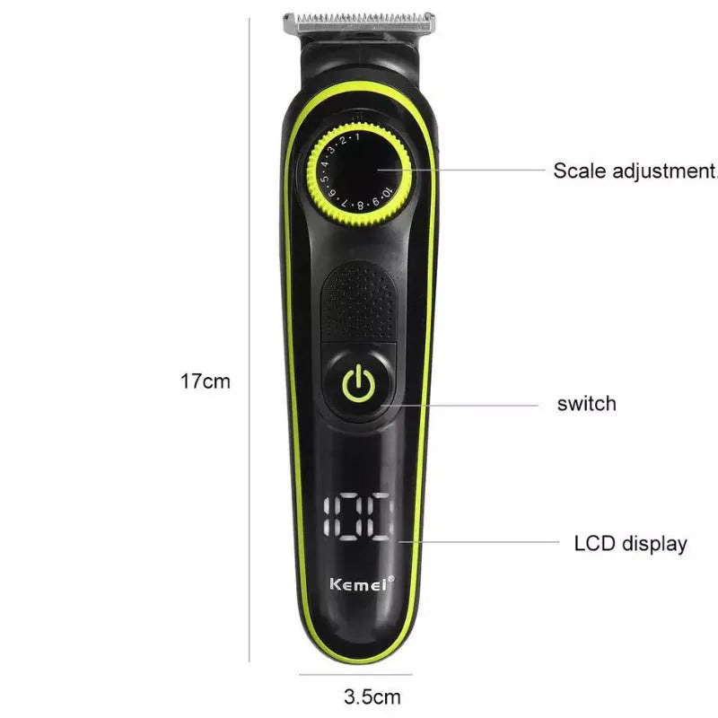 Black KM-696 electric hair clipper set with USB charging cable and cleaning brush
