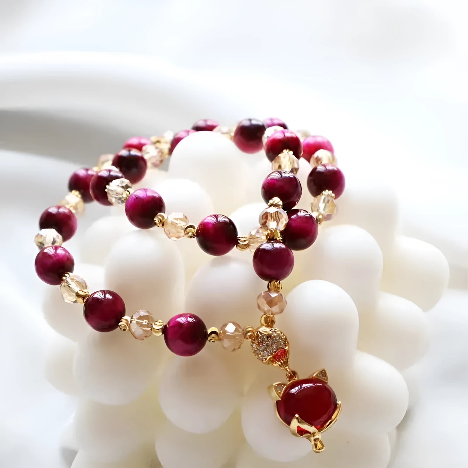 Handmade Tigereye crystal bracelet on a single chain and double chain in green and rose red styles.