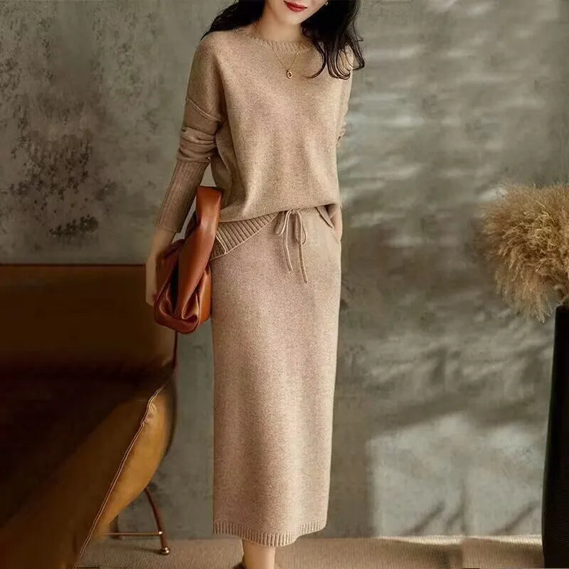 Knitted loose slimming top with skirt two-piece set in coffee khaki contrast tie-dye long sleeve