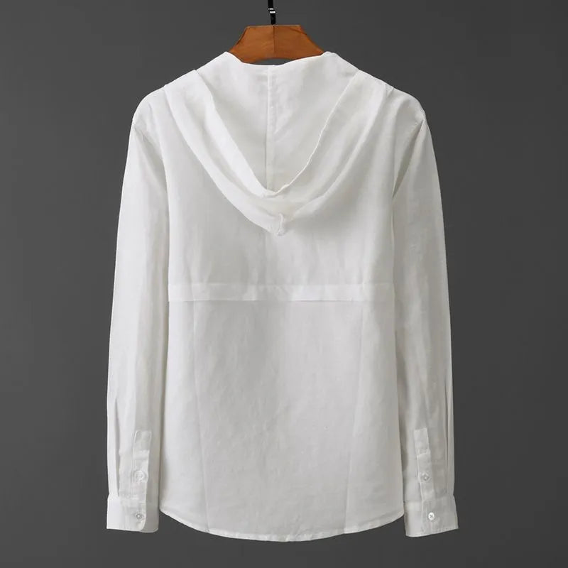Men's hooded tether striped long sleeve shirt in apricot with wool lining for plus size casual wear