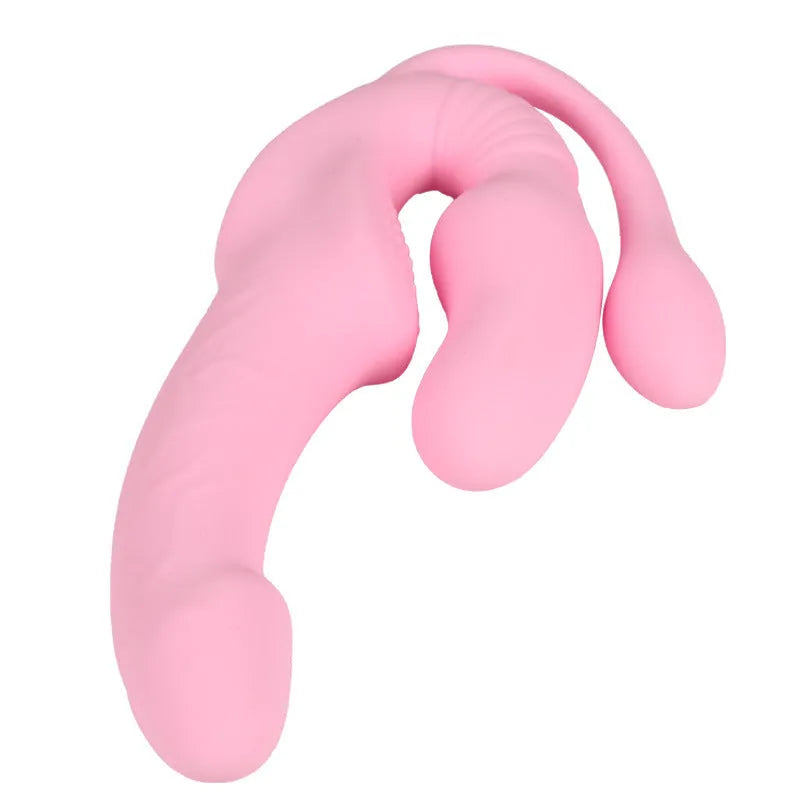 Pink double-headed dragon silicone dildo with remote control, three shock patterns, self-defense stick