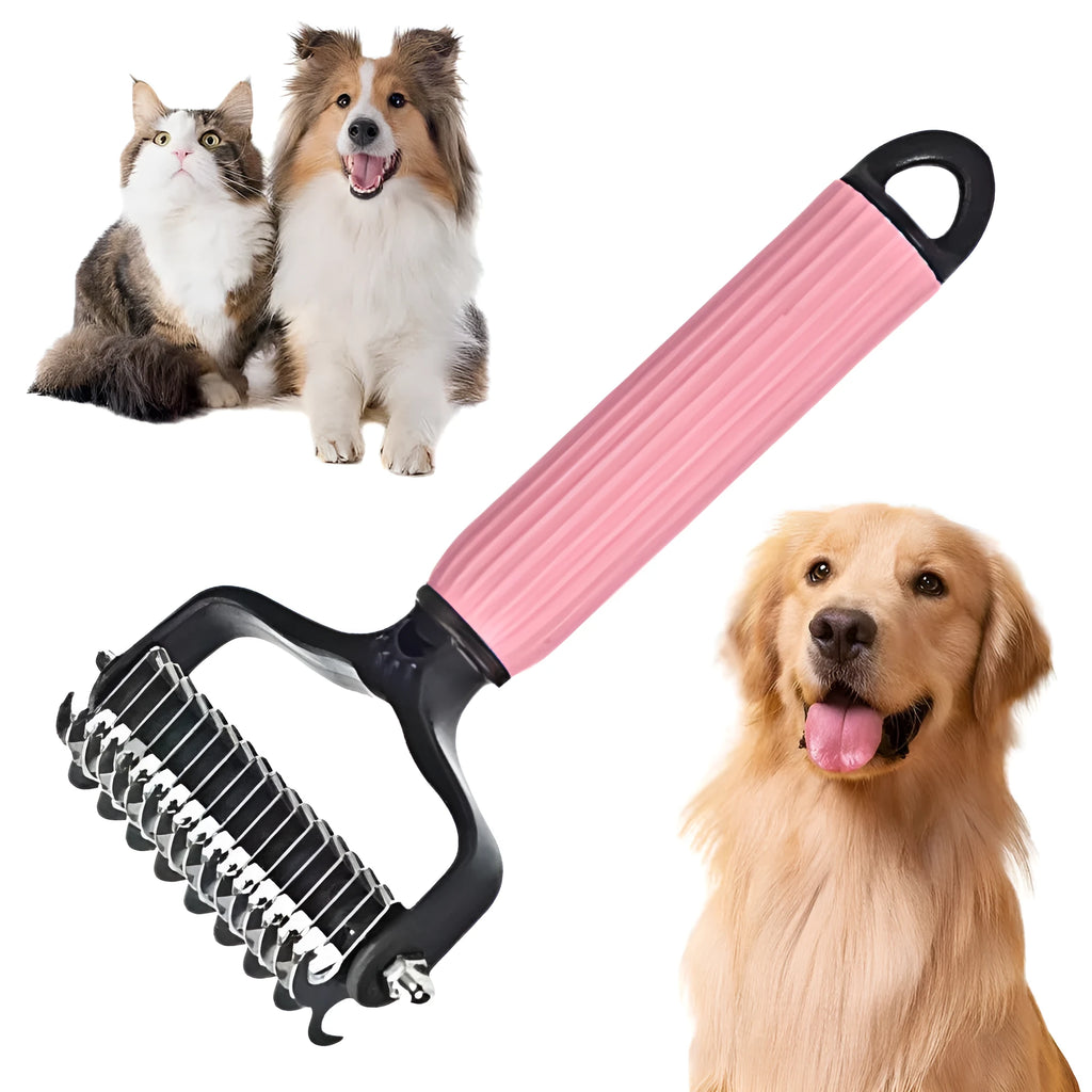 Pet dematting comb with double-sided stainless steel teeth in blue colour