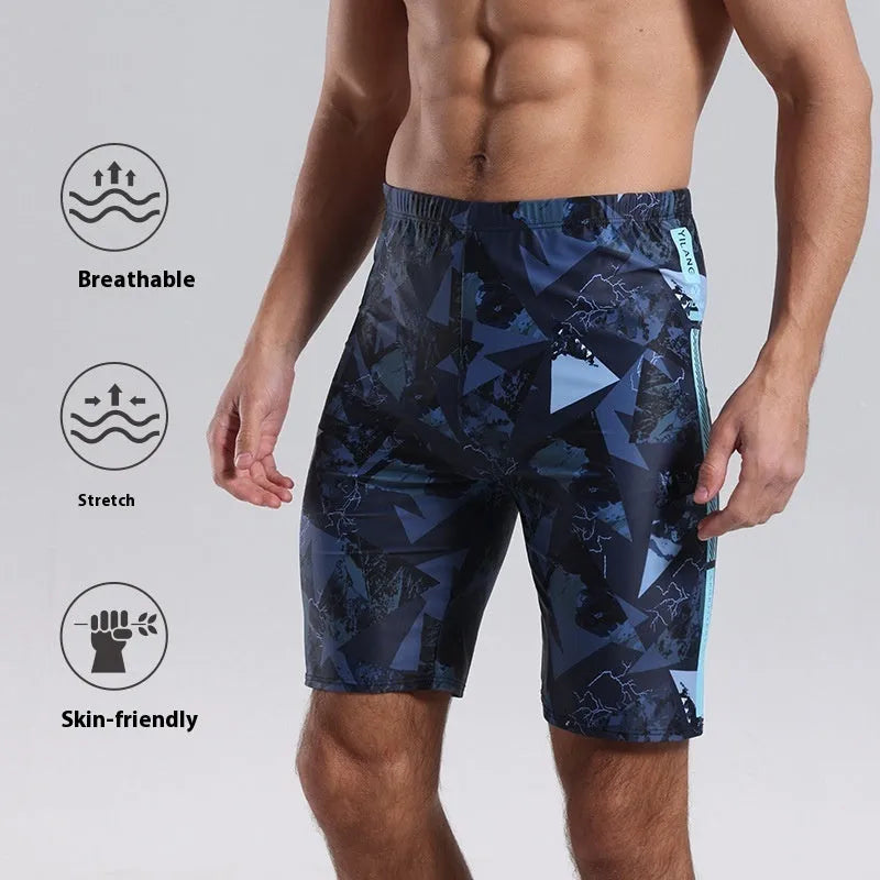 Blue men's knee-length polyester boxer swimming trunks for sports and water activities