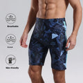 Blue men's knee-length polyester boxer swimming trunks for sports and water activities