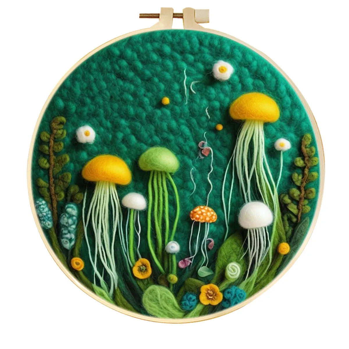 Round 20x20 cm linen embroidery kit with wool felt pieces for floral design and included embroidery frame.