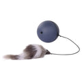 Blue and orange interactive cat toy ball with plush mouse interior and feather wand teaser for feline exercise