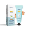 Bottle of curdling sunscreen liquid foundation in three shades: dark skin, ivory white, natural colour.