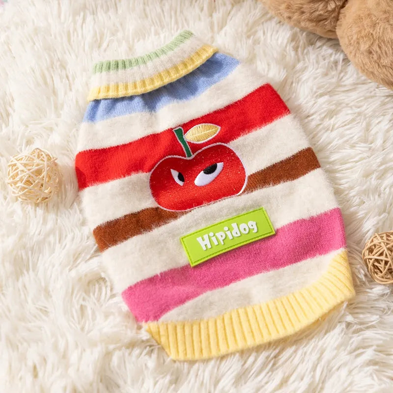 Rainbow apple striped knitted dog pullover sweater for Corgis with apple embroidery, brown and white, autumn winter warm wear.