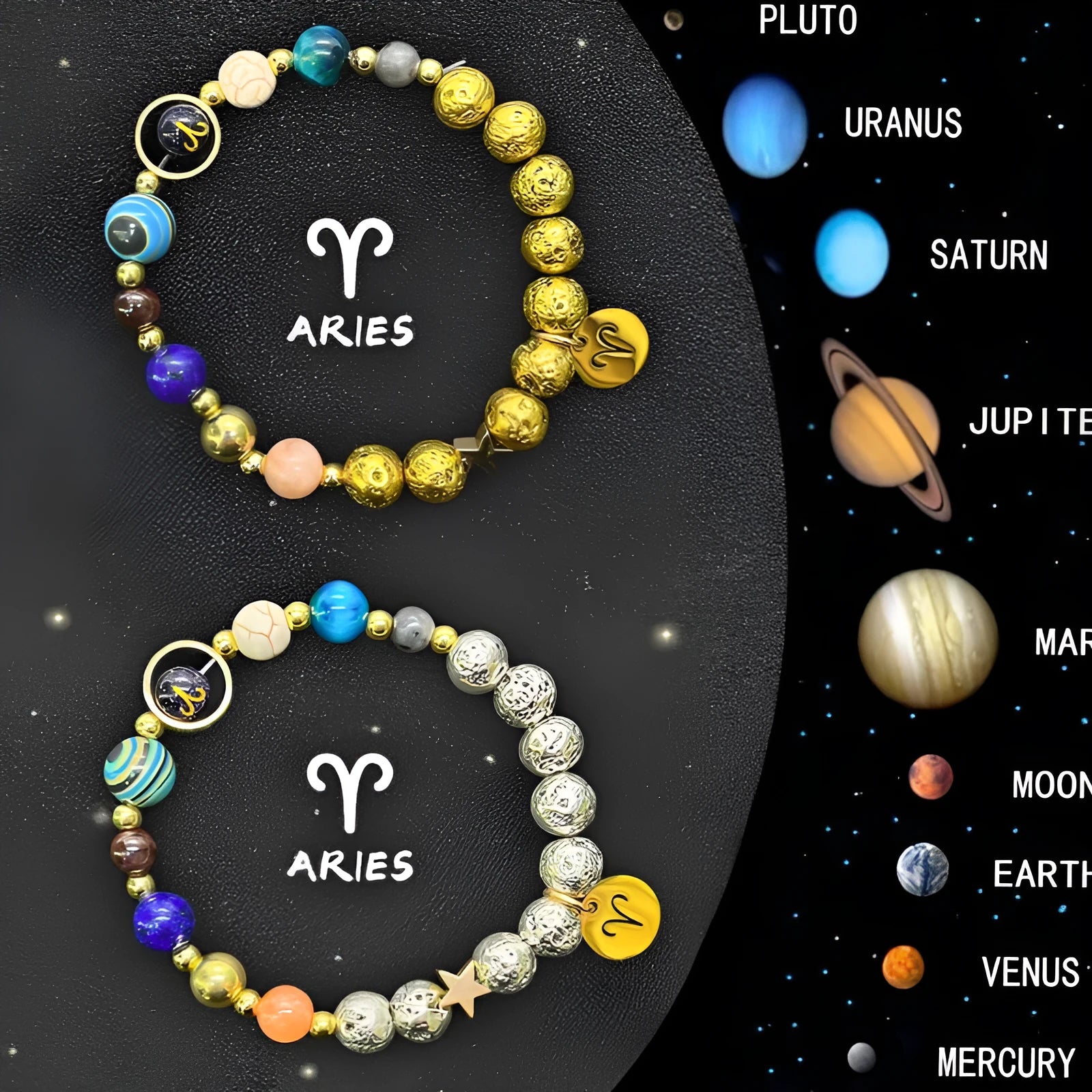 Set of two natural stone beaded bracelets with Zodiac sign charms on a dark background.