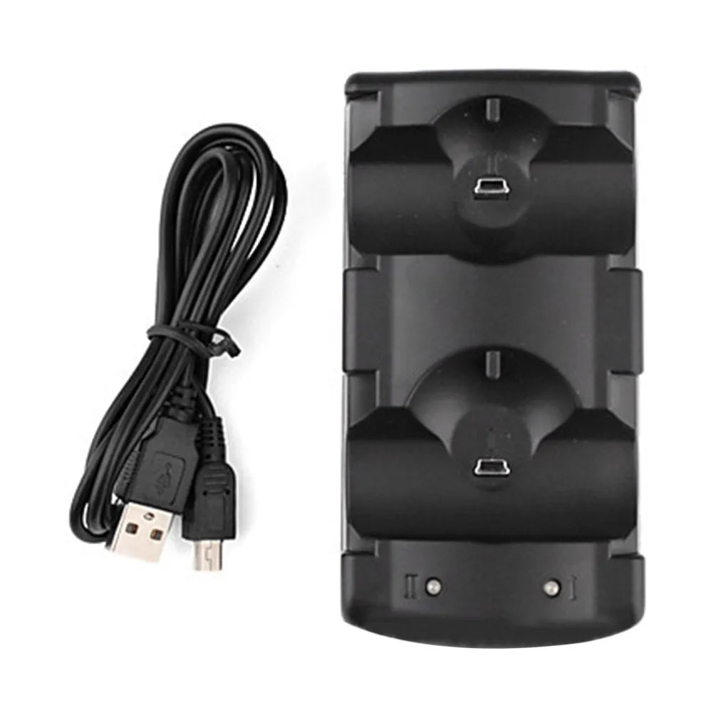 Black PS3 dual controller charging dock with two ports and a USB cable.