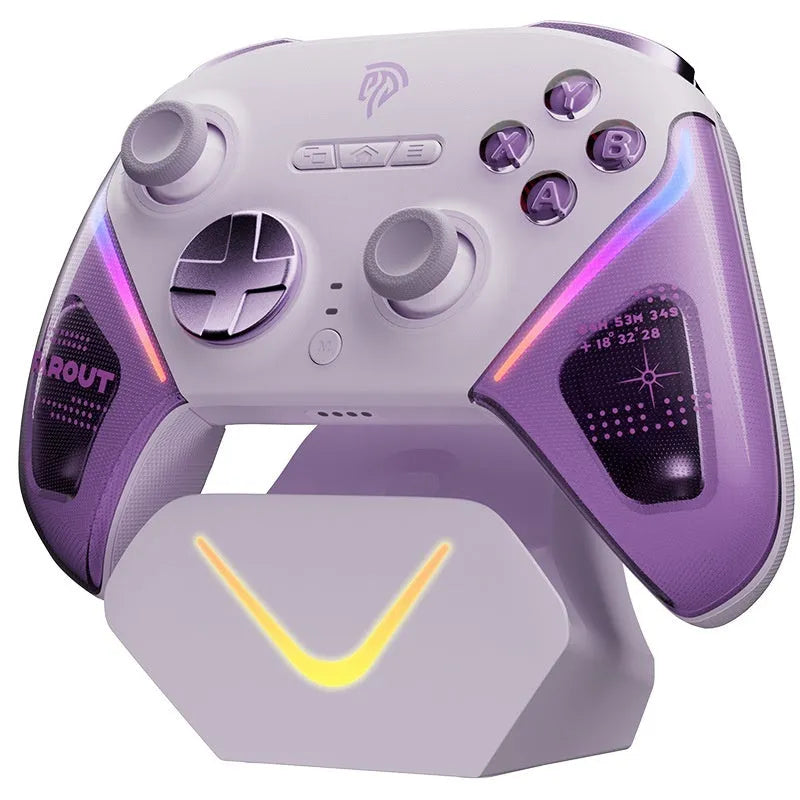 Rocker video game controller with charging dock in black, green, or purple, showing double-cut triggers and Type-C port.