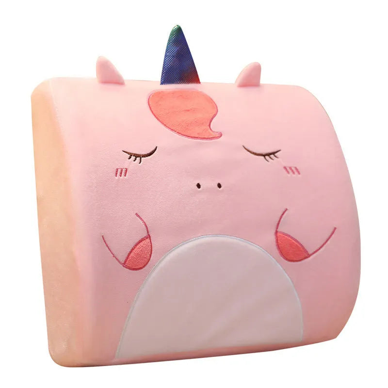 Cartoon memory foam seat back cushion showing embroidered designs on polyester cover with removable inner core