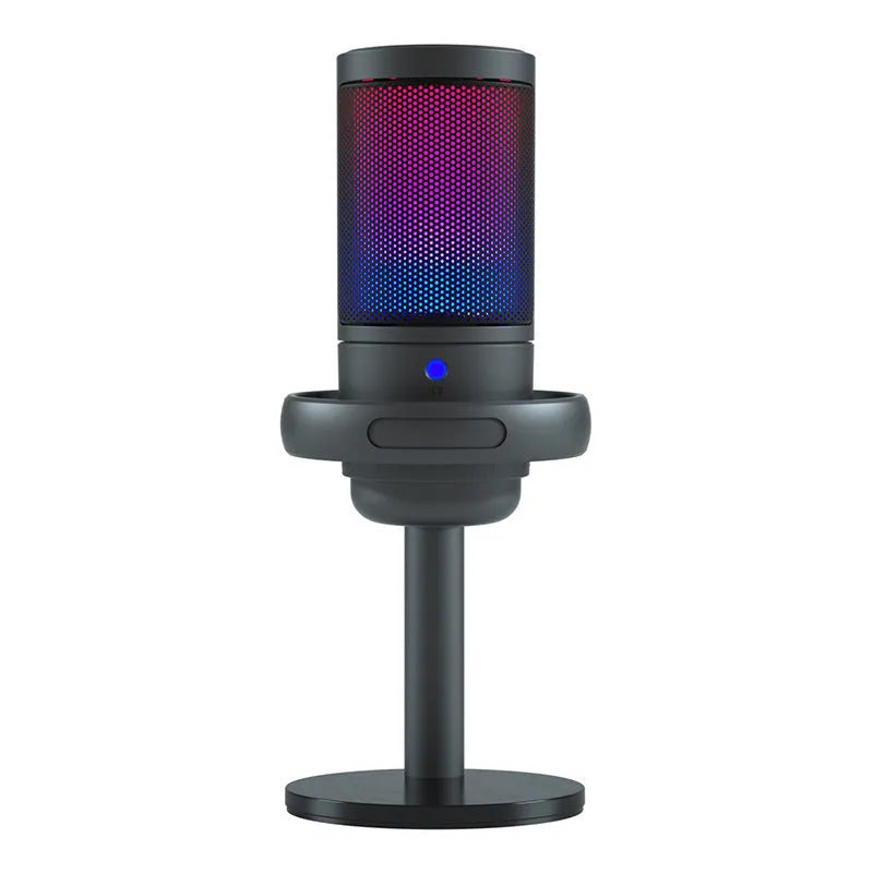 USB condenser microphone with colourful LED lights on a desktop cantilever stand.