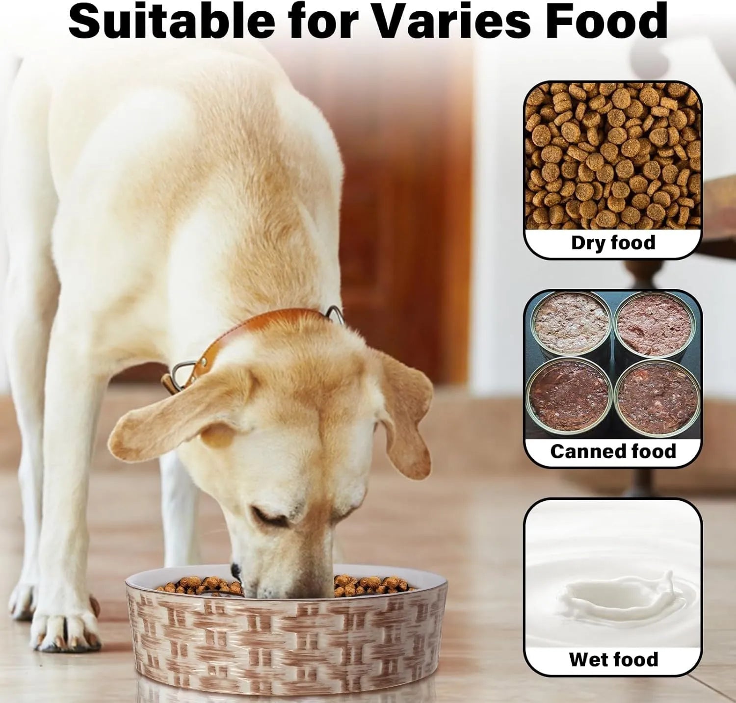 Blue ceramic slow feeder dog bowl with raised ridges for medium and large dogs on non-slip base