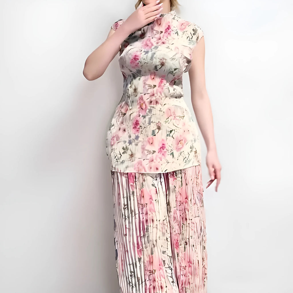Women's long sleeve printed chiffon dress set with high waist skirt.