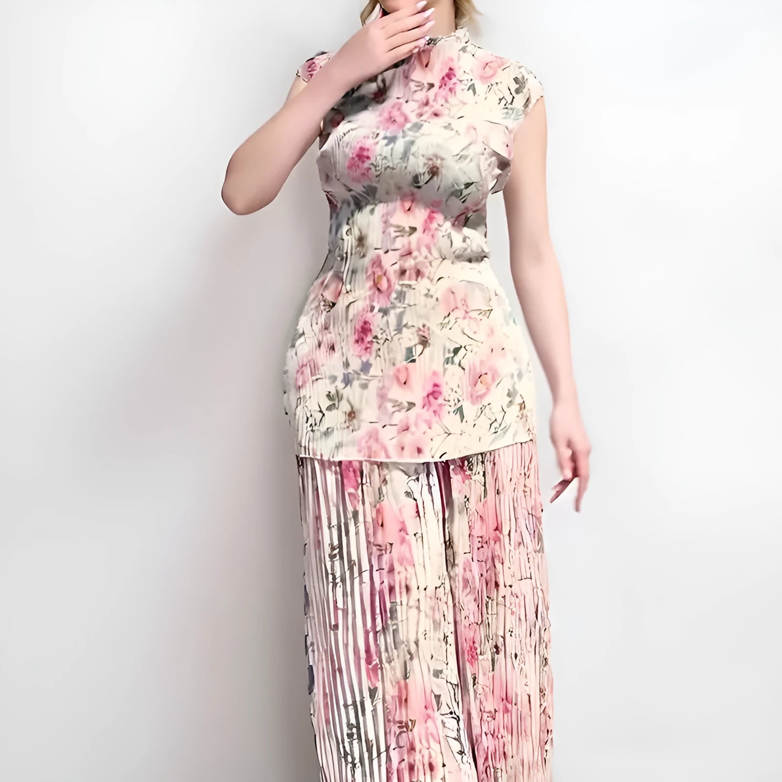 Women's long sleeve printed chiffon dress set with high waist skirt.