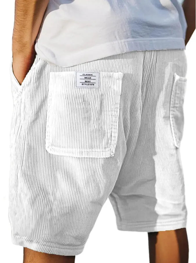 Men's grey straight-leg corduroy shorts with multiple pockets and embroidery detail on a hanger.