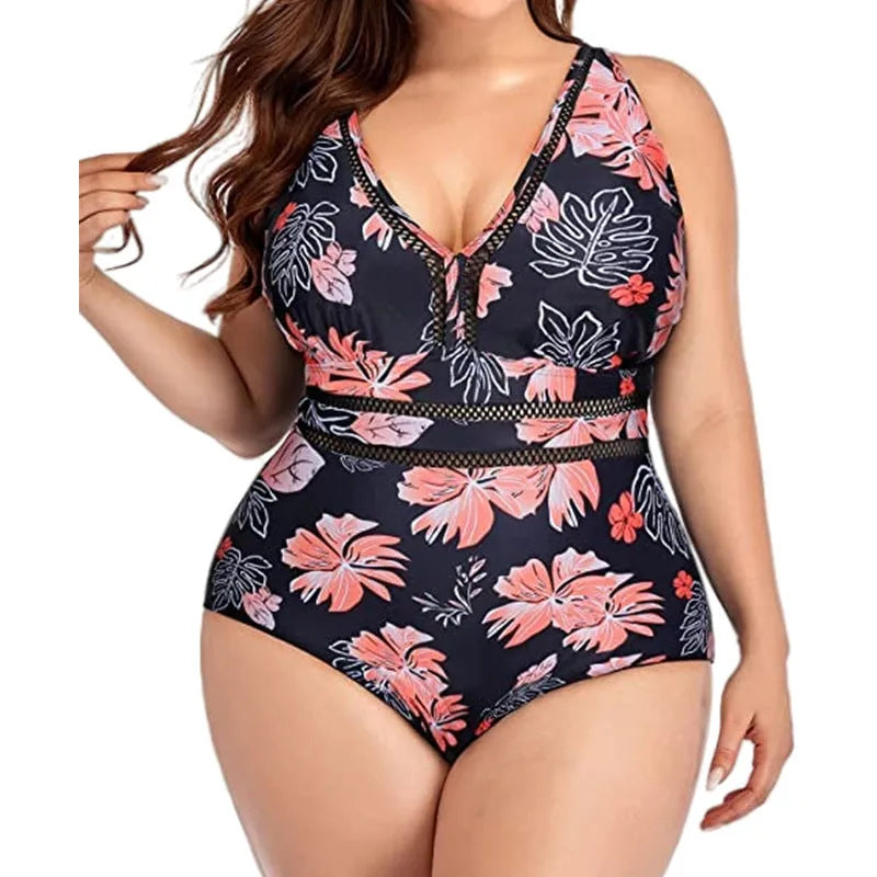 Women's plus size black print bikini swimsuit made from polyester mesh fabric.