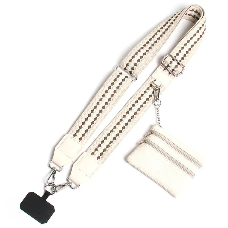 Polyester mobile phone lanyard with silk screen print in apricot colour showing long shoulder strap design