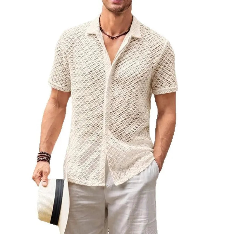 Men's light coloured mesh short sleeve shirt with lapel collar on hanger