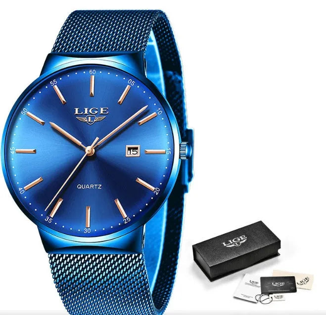 Men's stainless steel watch with 40mm dial in black, blue, or two-tone colour options.