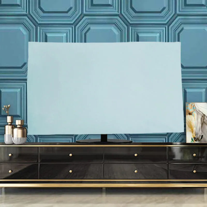 Velvet fabric TV cover with national style pattern, shown in light blue colour for a flat-screen television.