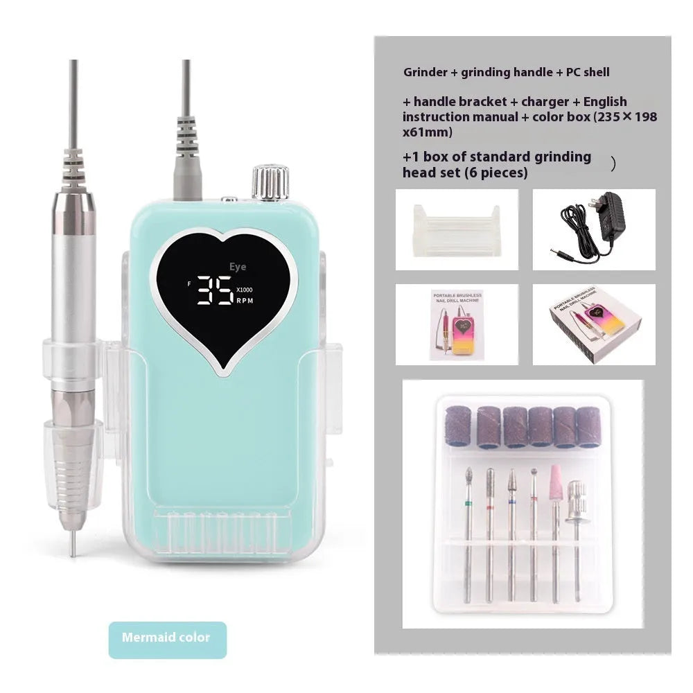 Brushless nail polishing machine with six-piece grinding head set and charger