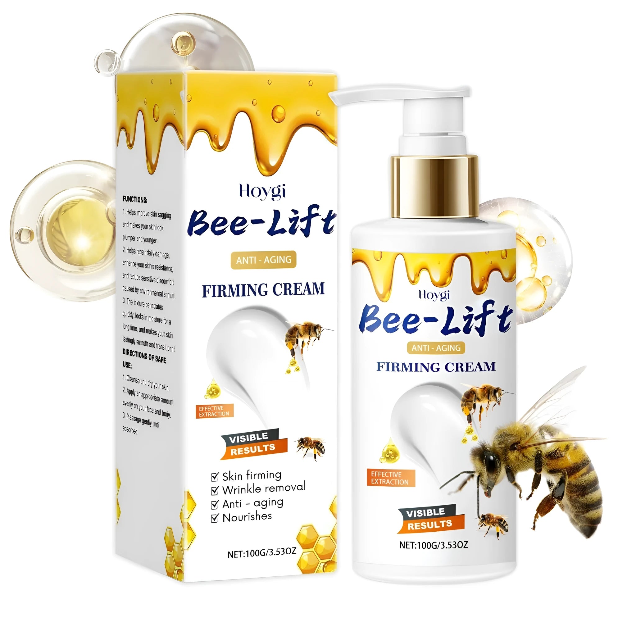100g white jar of firming face cream containing bee venom and hyaluronic acid.