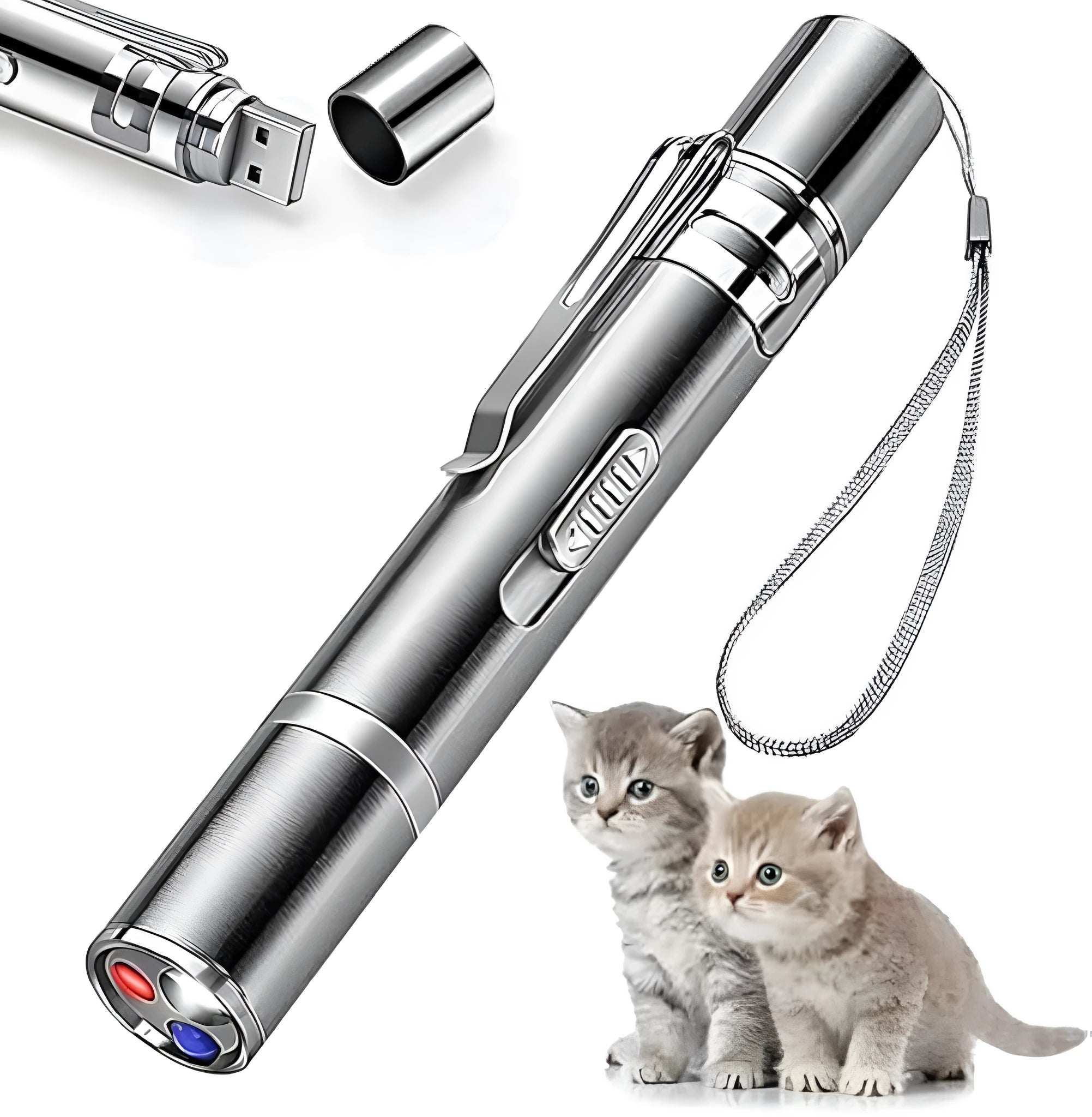 Silver aluminium cat laser toy pointer with multiple pattern modes for indoor pet play