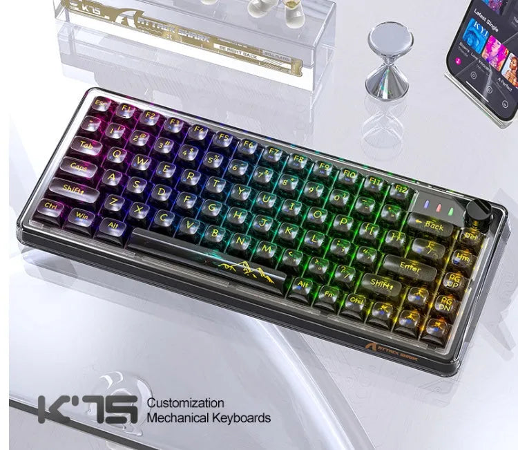 Attack Shark K75RGB transparent wireless mechanical keyboard with RGB lighting showing through PC case