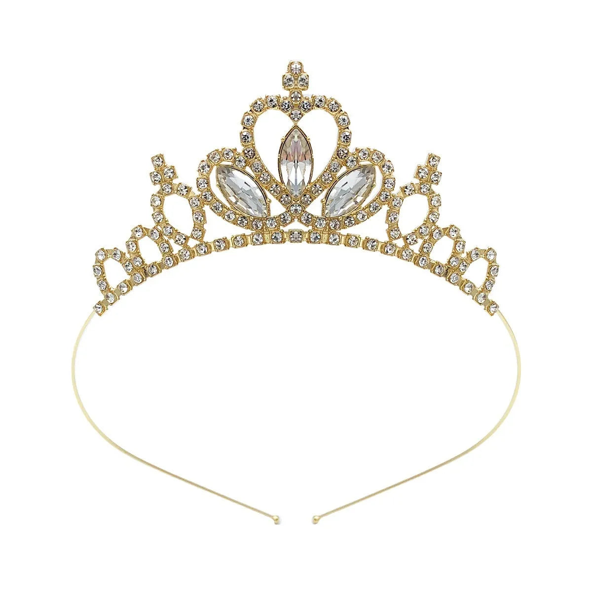 Gold and silver electroplated alloy princess crown headdress for girls with coloured diamond embellishments.