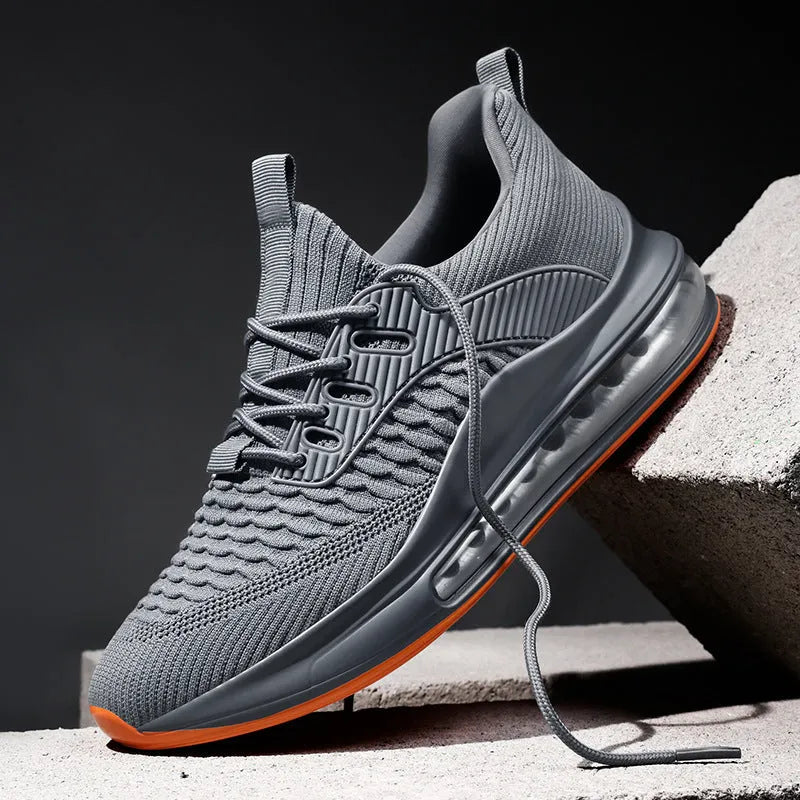 Men's black mesh running shoes with platform sole and lace-up closure