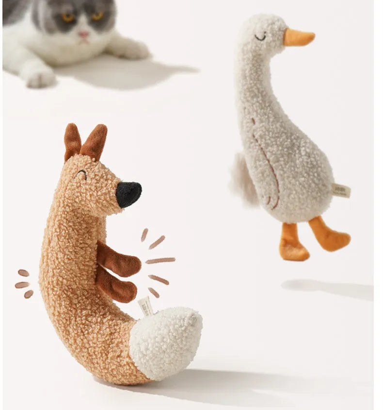 Cartoon pet toy in fox or duckling design with teddy velvet fabric and crinkle sound insert