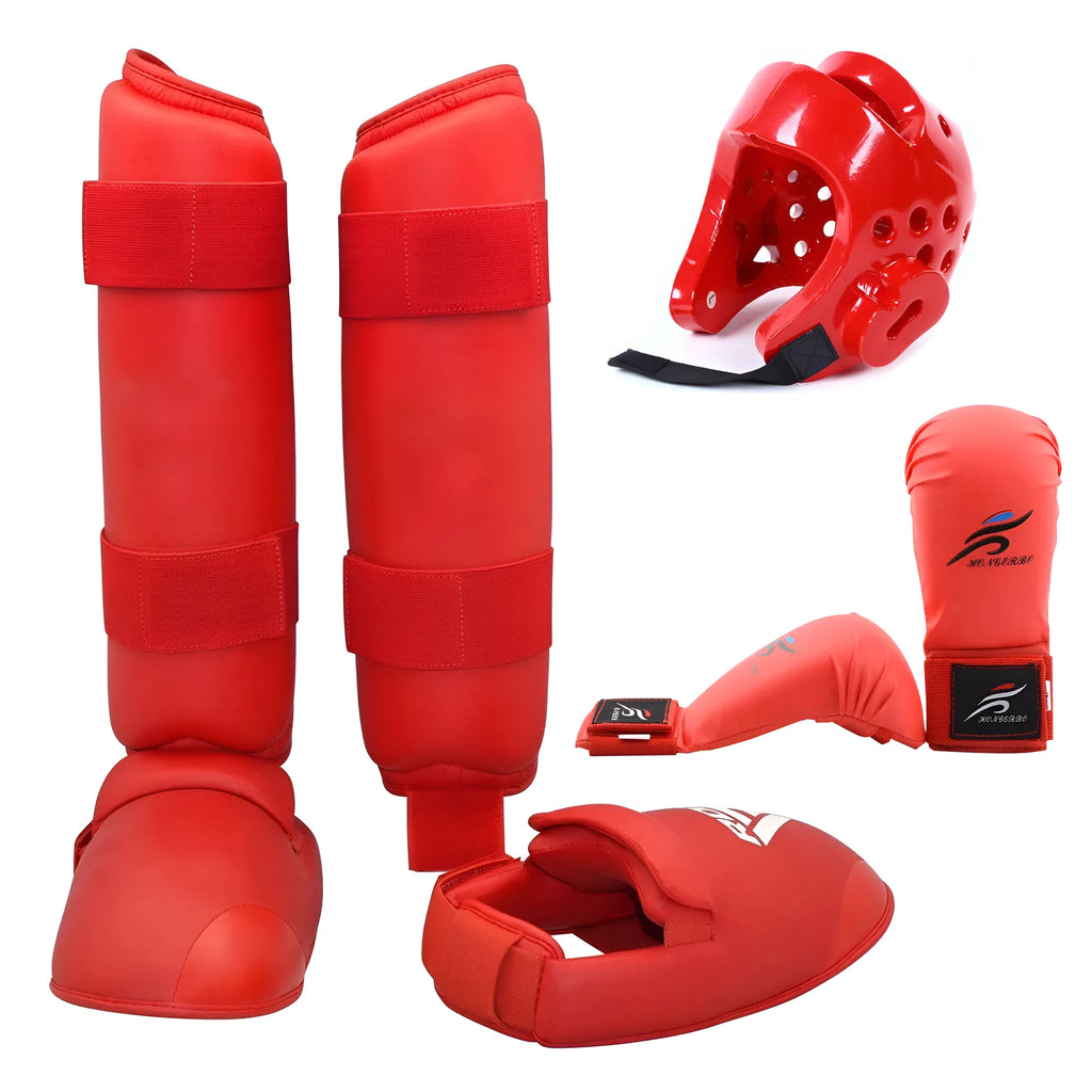 Karate protective gear set showing red leg guards, helmet and boxing gloves for martial arts training