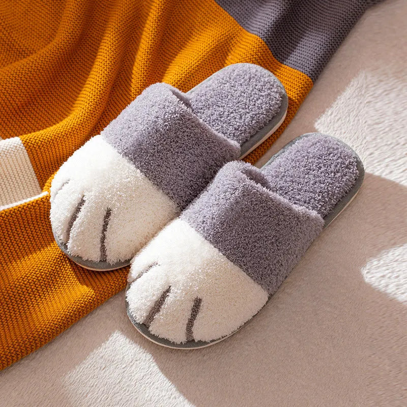 Furry paw slippers in caramel colour, suede upper with closed-toe Baotou style, non-slip PVC sole for indoor use