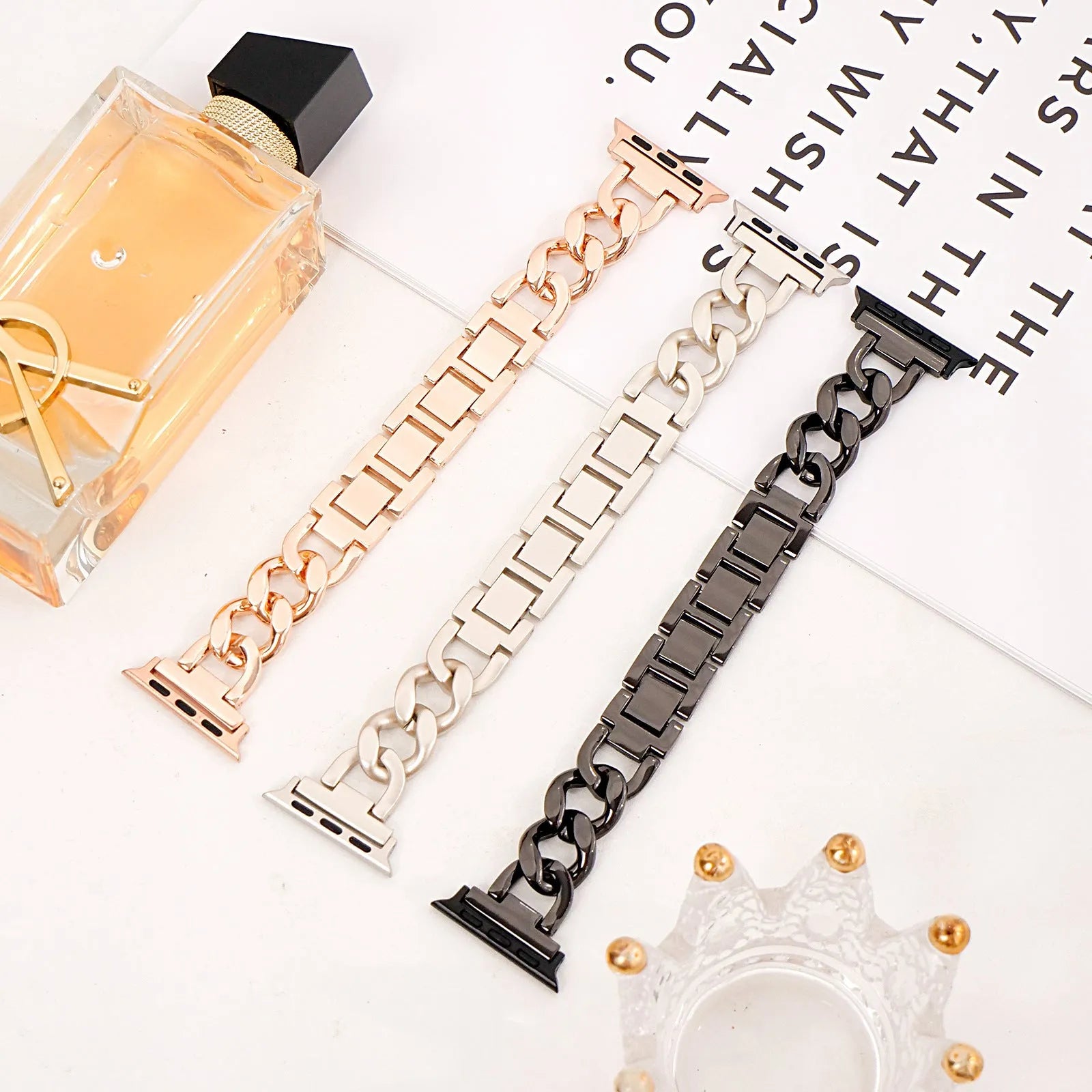 Denim chain metal Apple Watch strap in five colours compatible with 38mm to 49mm models