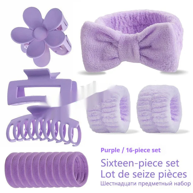 Bow-shaped washing face hair band with plaid pattern and wrist strap, assorted colours set of 16