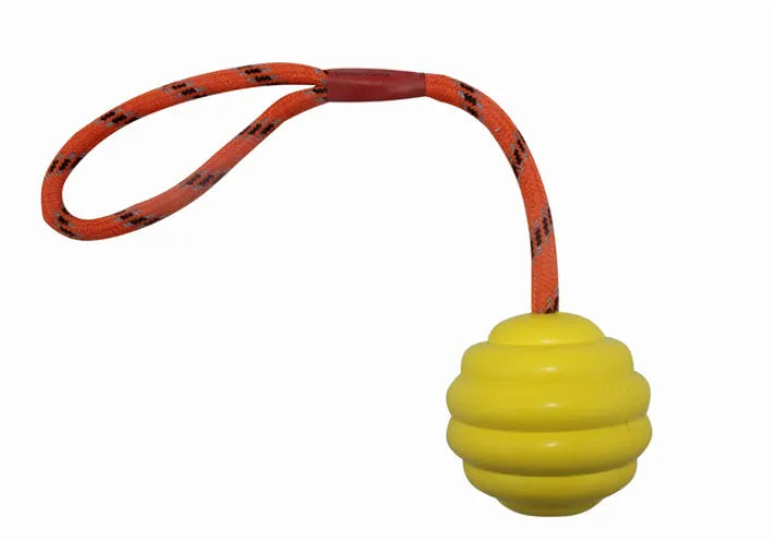 Multi-colour rubber dog toy ball with rope knot design measuring 6x30cm